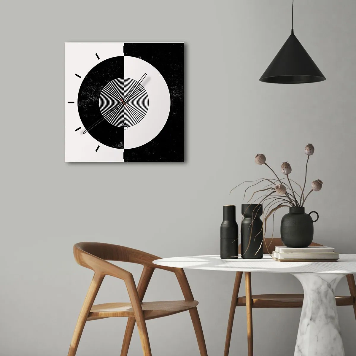Relógio de parede - Relógio em vidro - Harmonia a preto e branco - 30x30 cm