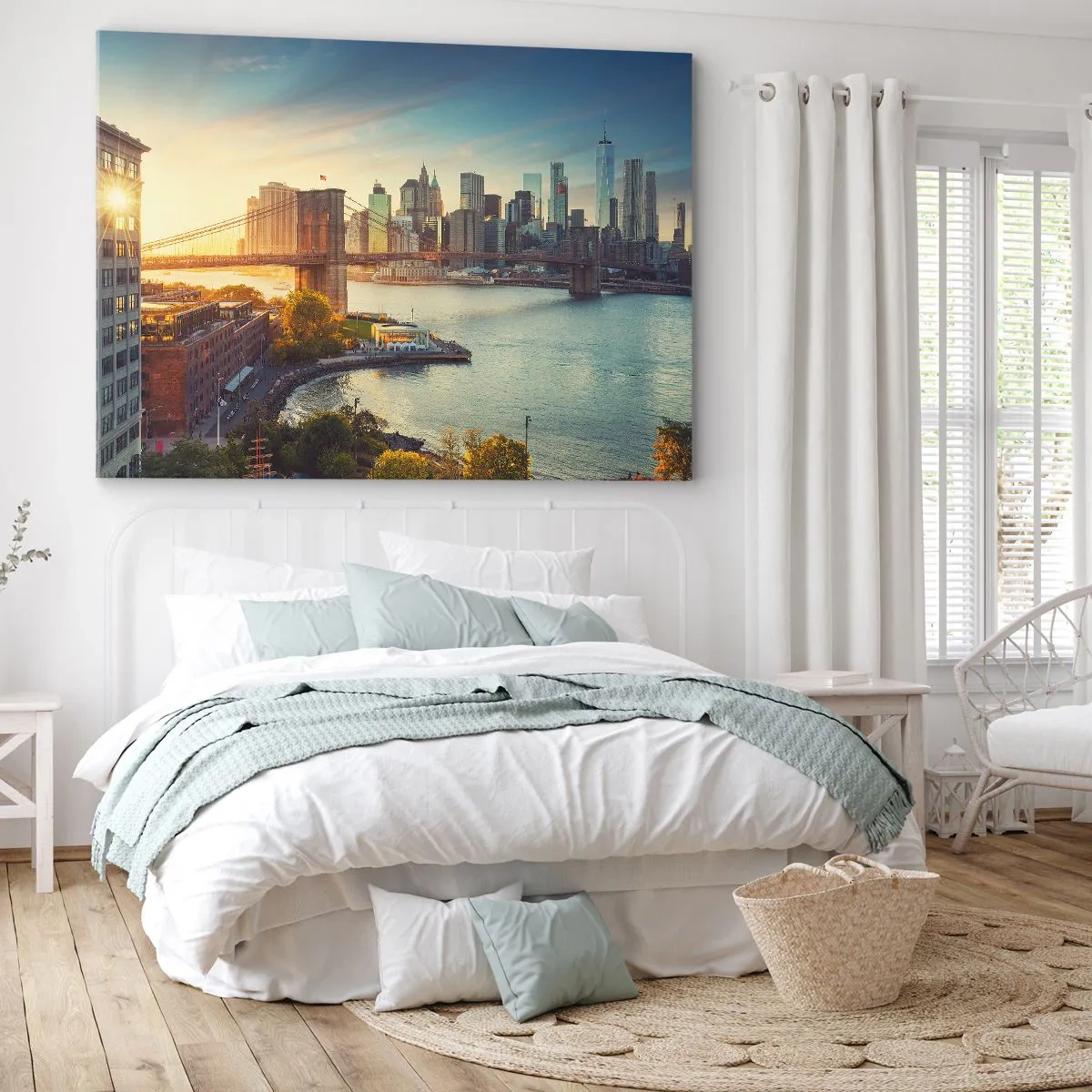 Quadro em tela - Panorama da cidade com a ponte ao pôr do sol - 70x50cm - O amanhecer da cidade grande - Decoração de parede moderna para a sala de estar e quarto ARTTOR