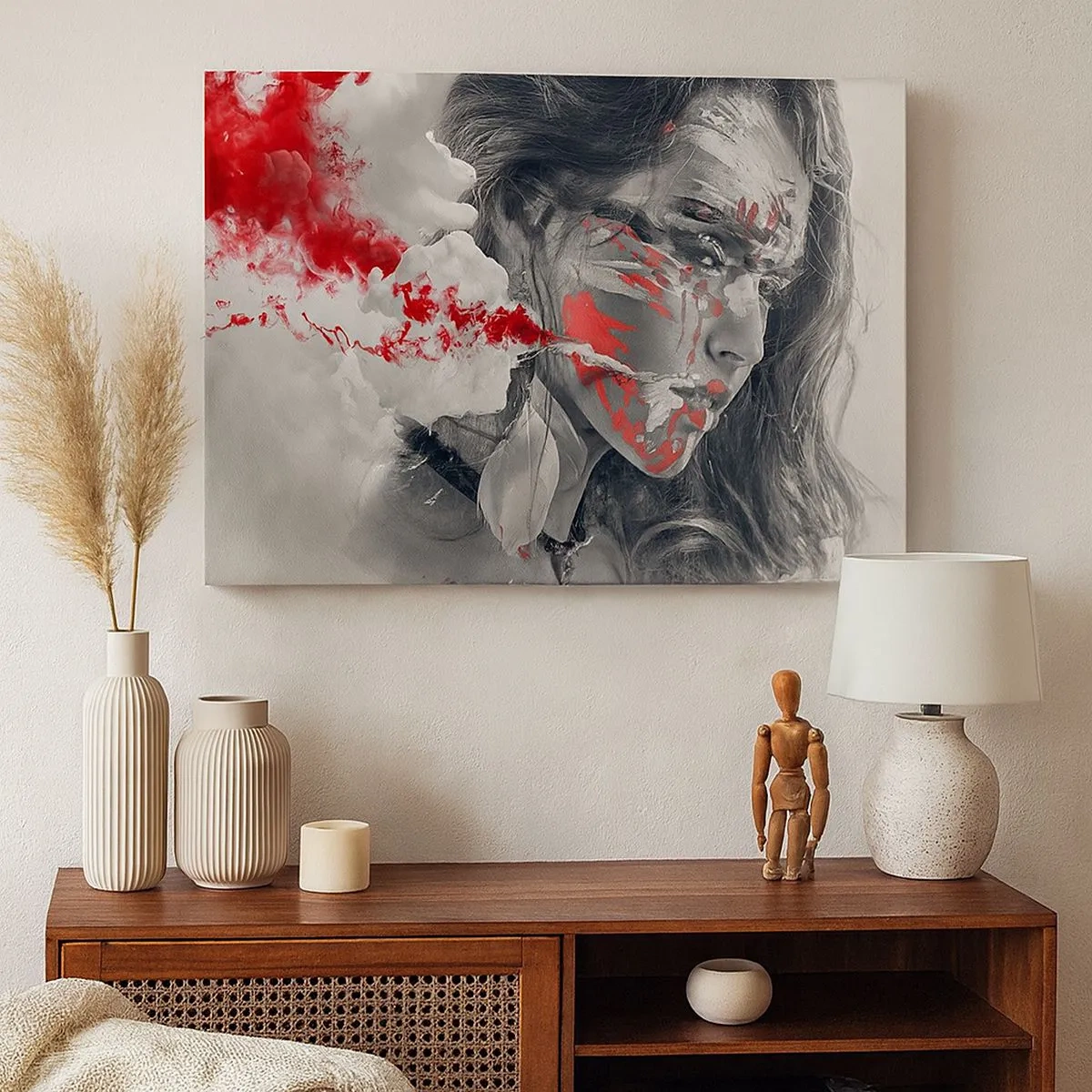 Quadro em tela - Retrato artístico de uma mulher com detalhes abstratos em vermelho - 70x50cm - Nos fumos do absurdo - Decoração de parede moderna para a sala de estar e quarto ARTTOR