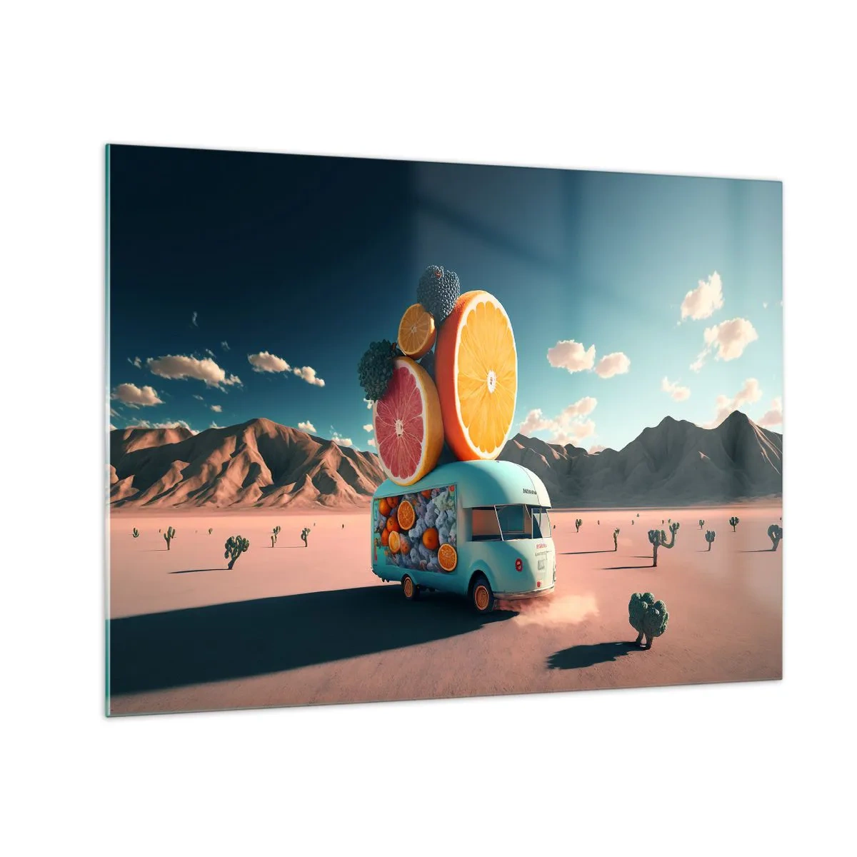 Quadro em vidro - Um trailer turquesa com frutas em uma paisagem desértica - 70x50cm - O sabor das férias - Decoração de parede moderna para a sala de estar e quarto ARTTOR