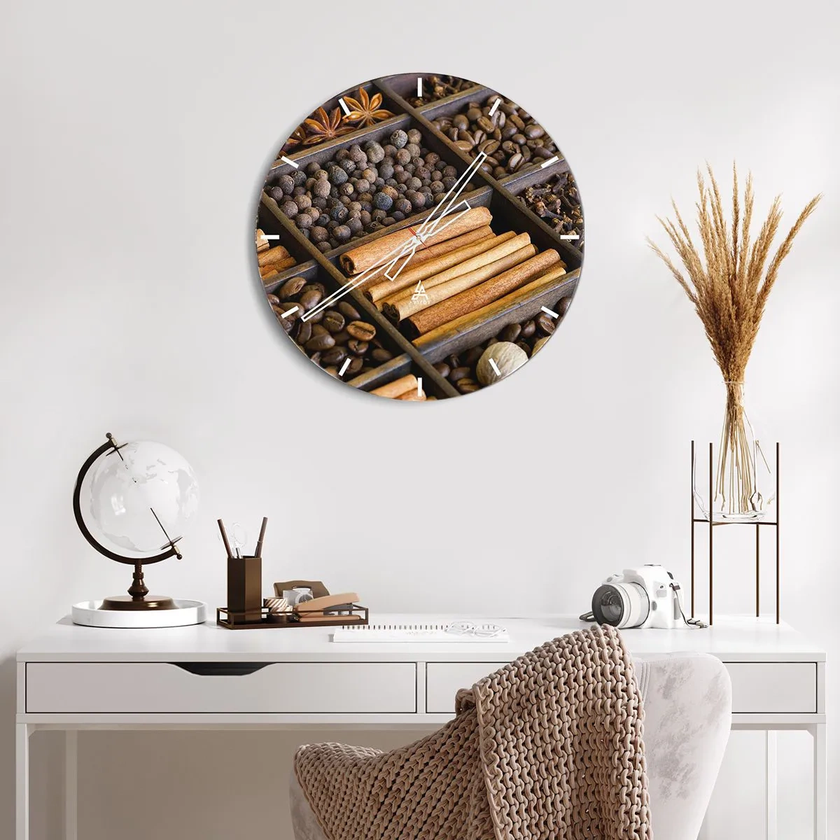 Relógio de parede - Relógio em vidro - Divisória de madeira com vários temperos e café - 30x30cm - Um tesouro de aromas - Decoração de parede moderna para a sala de estar, cozinha e quarto ARTTOR