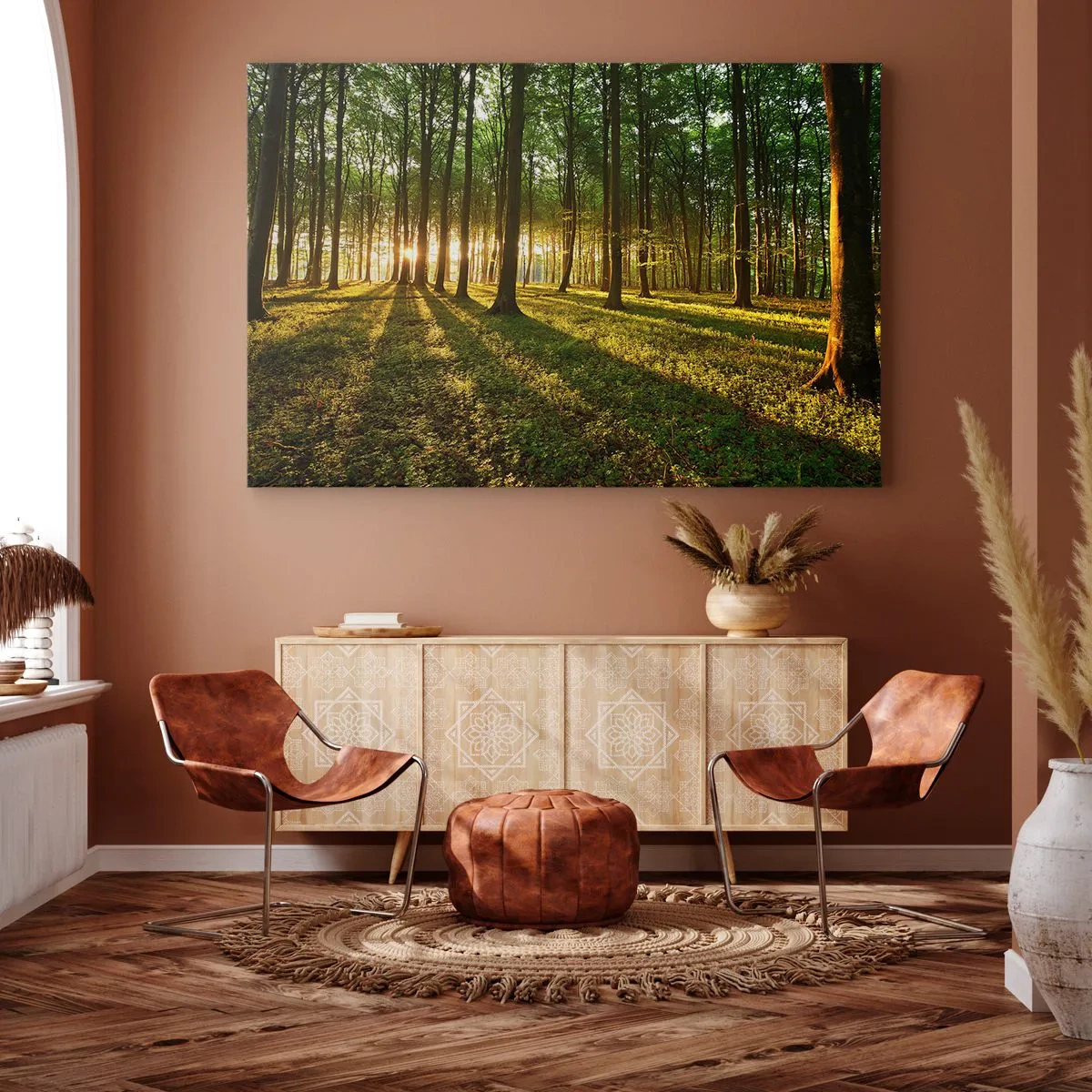 Quadro em tela - O pôr do sol na floresta decídua - 70x50cm - Fotografia de todas as primaveras - Decoração de parede moderna para a sala de estar e quarto ARTTOR