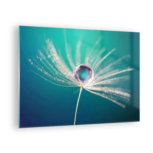 Quadro em vidro - Fotografia macro de uma semente de dente-de-leão com uma gota de orvalho sobre um fundo turquesa - 70x50cm - Momento místico - Decoração de parede moderna para a sala de estar e quarto ARTTOR