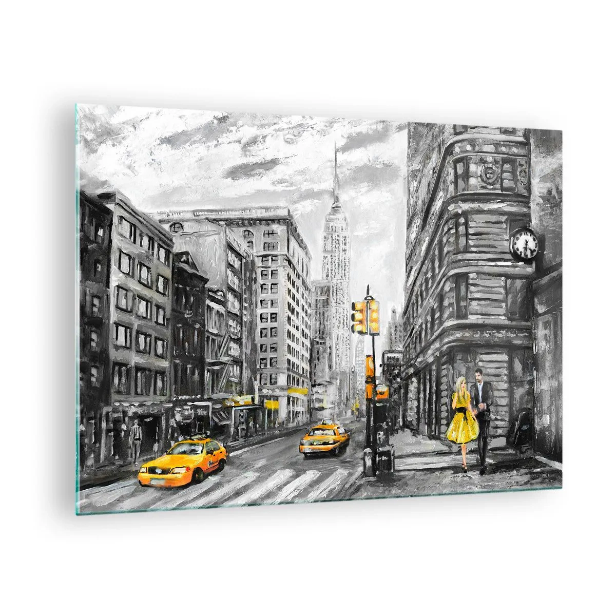 Quadro em vidro - Uma ilustração da cidade de Nova York em tons de preto e branco com detalhes em amarelo. - 70x50cm - Um conto de Nova Iorque - Decoração de parede moderna para a sala de estar e quarto ARTTOR