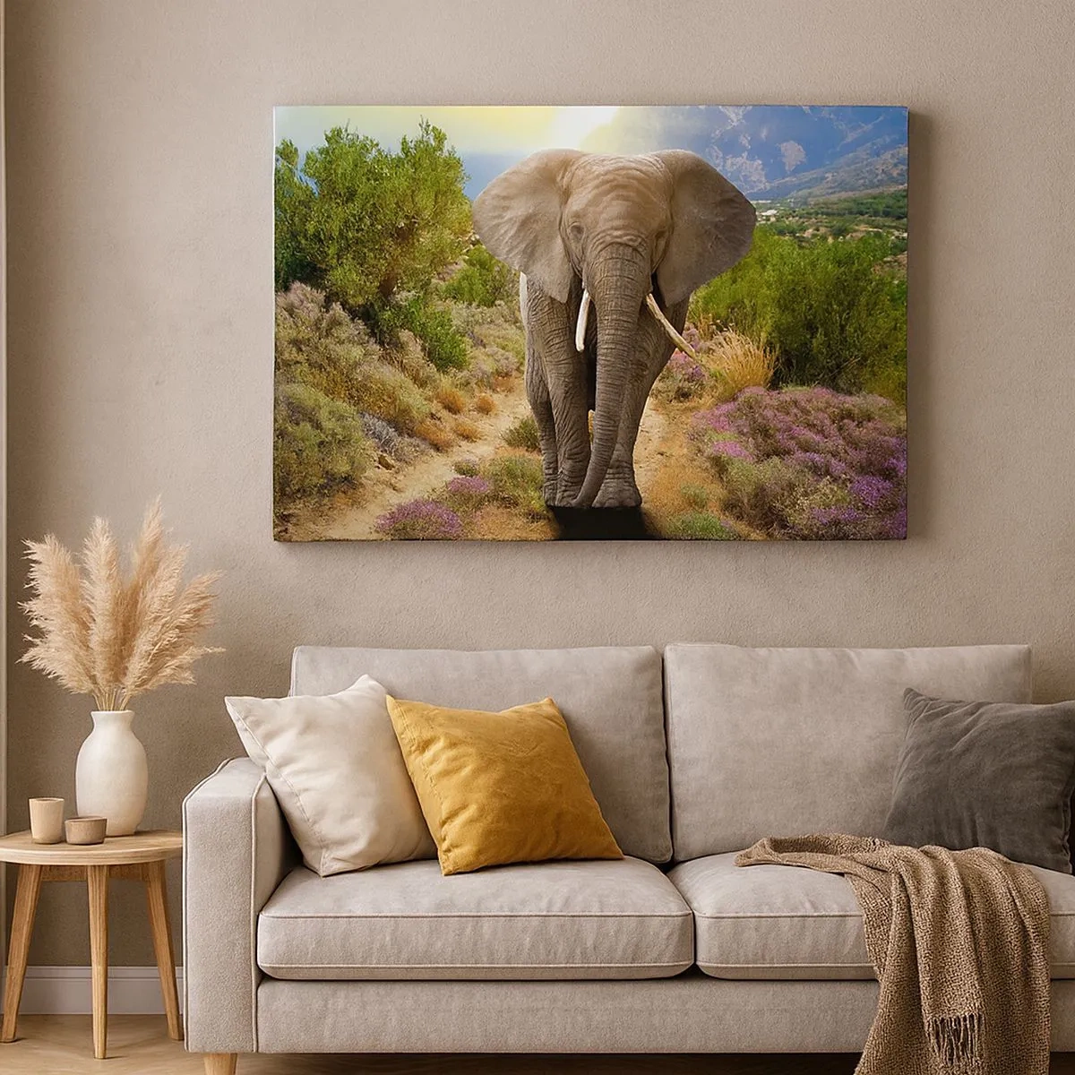 Quadro em tela - Um elefante africano em uma paisagem de savana e montanha - 70x50cm - Assim era o Éden - Decoração de parede moderna para a sala de estar e quarto ARTTOR