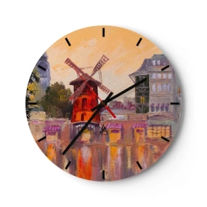 Relógio de parede - Relógio em vidro - Moulin Rouge numa interpretação pictórica da paisagem urbana - 30x30cm - Ícones parisienses – Moulin Rouge - Decoração de parede moderna para a sala de estar, cozinha e quarto ARTTOR