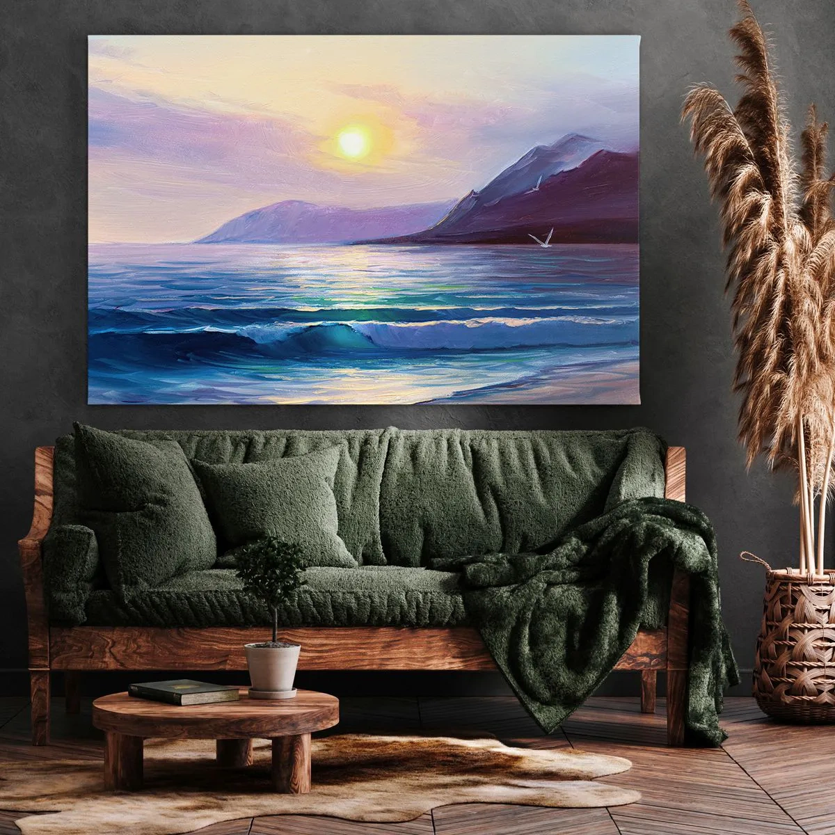 Quadro em tela - Uma paisagem marinha pitoresca ao pôr do sol com ondas e montanhas - 70x50cm - Cristal de água e ar - Decoração de parede moderna para a sala de estar e quarto ARTTOR