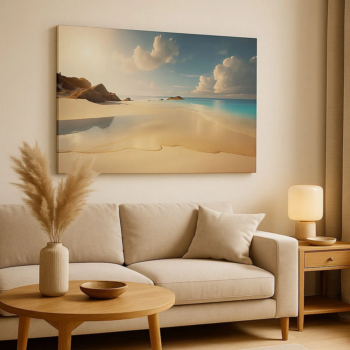 Quadro em tela - Uma praia ensolarada com mar azul e rochas - 70x50cm - Um dia de sonho - Decoração de parede moderna para a sala de estar e quarto ARTTOR