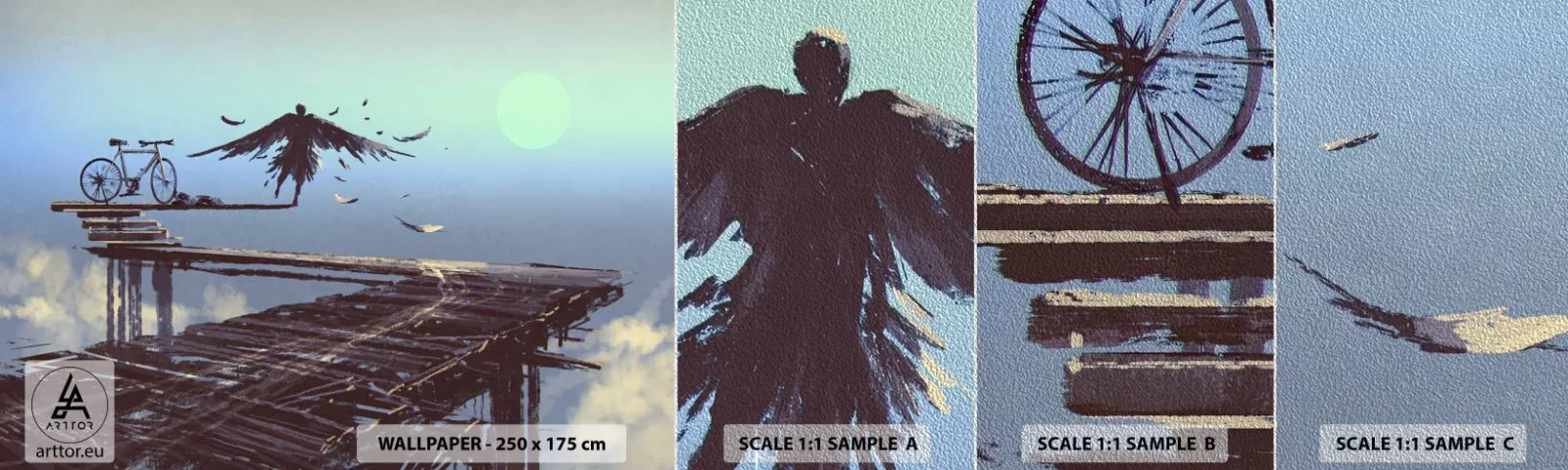 Amostra de papel de parede Premium Sand - Ícaro eternamente vivo - Abstração, Icaro, Bicicleta - 100x30 cm