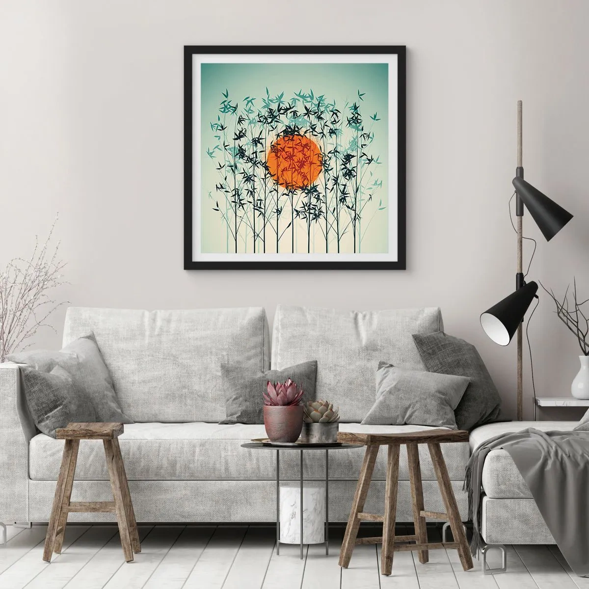 Pôster com moldura preta - Sol japonês - 30x30 cm