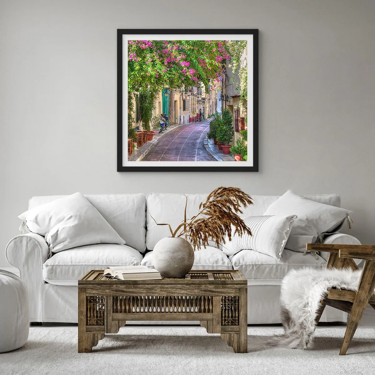 Pôster com moldura preta - Beco florido - 60x60 cm