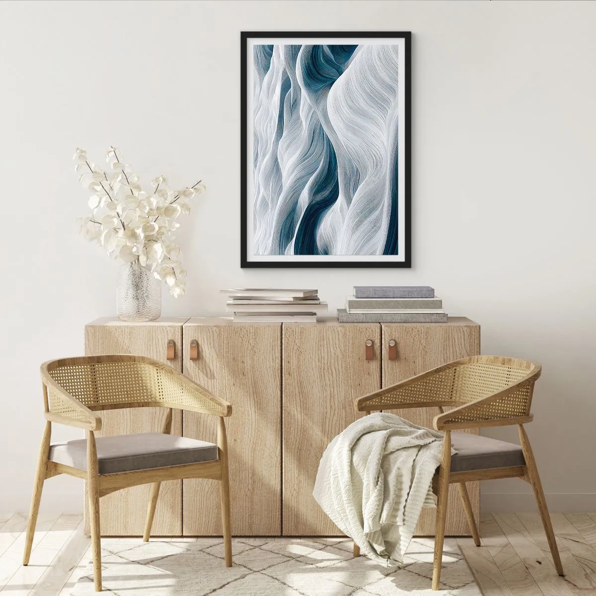Pôster com moldura preta - Ondas abstratas em tons de branco e azul marinho - 50x70cm - Ondas brancas e azuis - Decoração de parede moderna para a sala de estar e quarto ARTTOR
