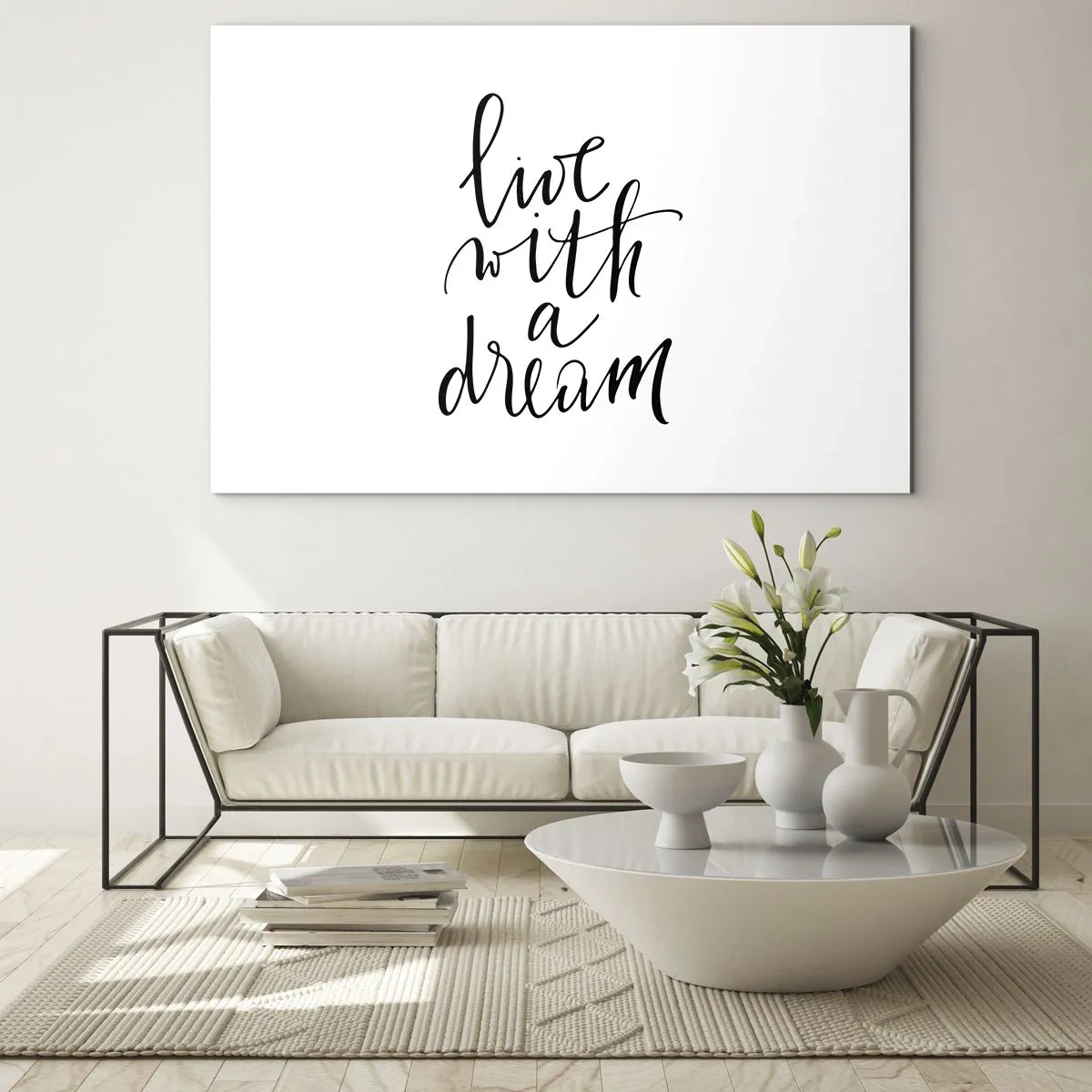 Quadro em vidro - Citação "Viva com um sonho" em caligrafia elegante - 70x50cm - Of course - Decoração de parede moderna para a sala de estar e quarto ARTTOR