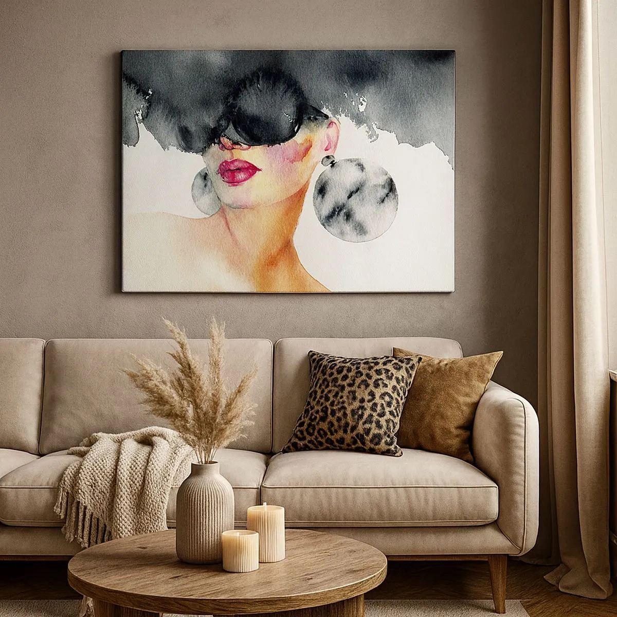 Quadro em tela - Uma mulher usando óculos estilosos e brincos grandes - 70x50cm - O segredo da elegância - Decoração de parede moderna para a sala de estar e quarto ARTTOR
