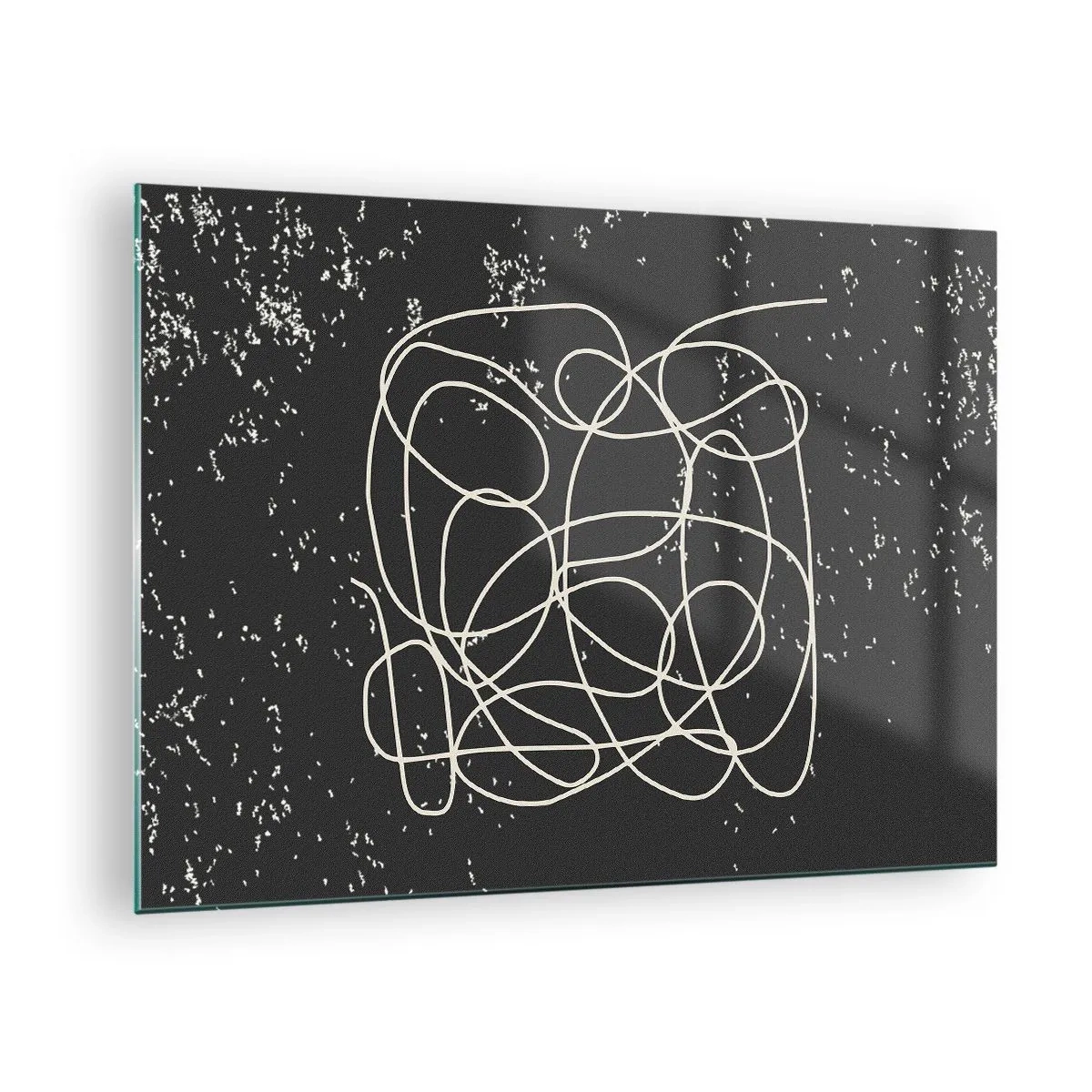 Quadro em vidro - Linha abstrata em forma de emaranhado em um fundo preto texturizado - 70x50cm - Pensamentos errantes - Decoração de parede moderna para a sala de estar e quarto ARTTOR