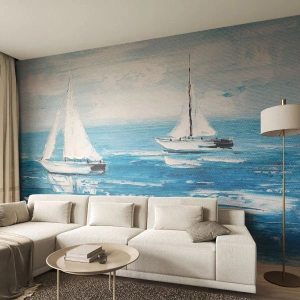 Papel de Parede Standard Eco - Dois veleiros em um mar azul calmo - 100x70cm - Com um amigo ao meu lado - Decoração de parede moderna para a sala de estar e quarto ARTTOR