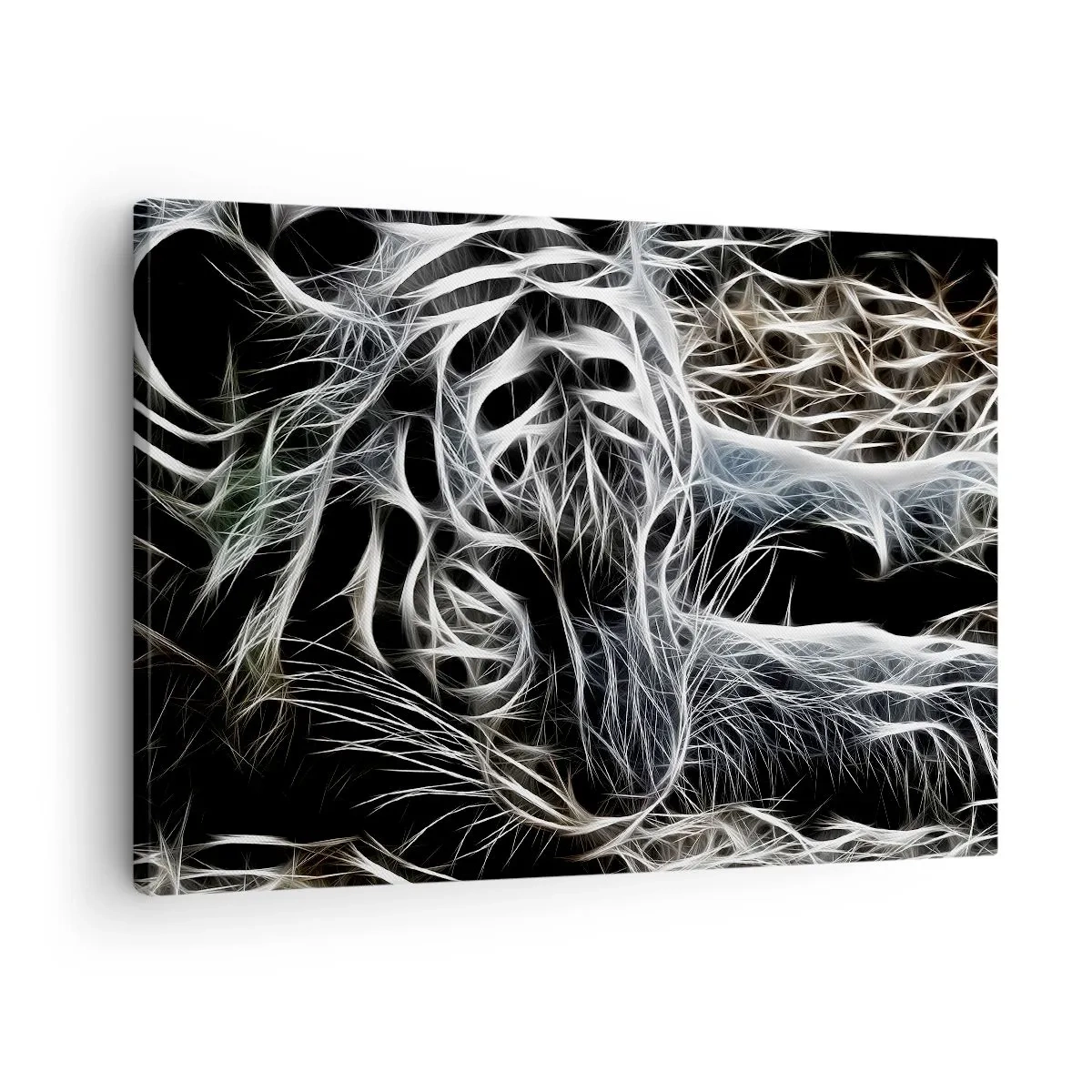 Quadro em tela - Um padrão abstrato representando a silhueta de um gato em um fundo preto. - 70x50cm - Um estudo da leveza do gato - Decoração de parede moderna para a sala de estar e quarto ARTTOR