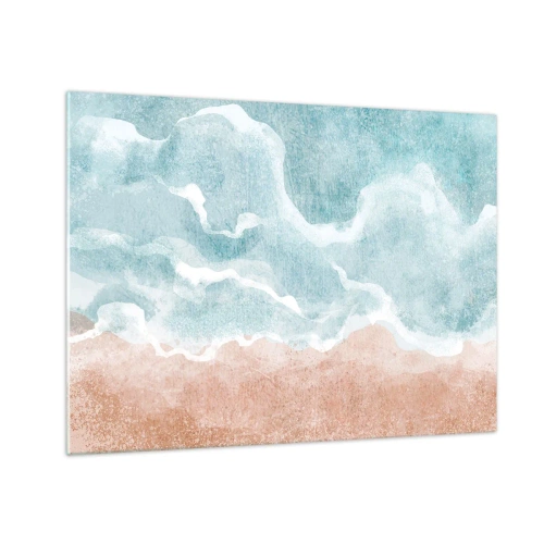 Quadro em vidro - Ondas pastéis em tons de azul e bege criam uma abstração nublada. - 70x50cm - Abstração de nuvem - Decoração de parede moderna para a sala de estar e quarto ARTTOR