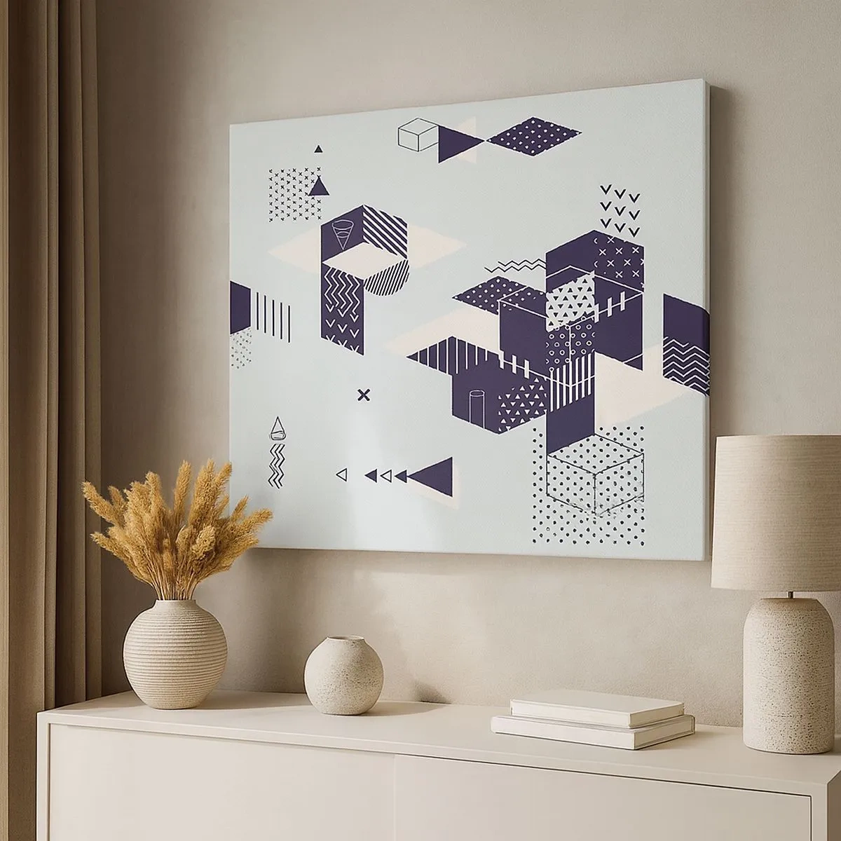Quadro em tela - Gráficos geométricos modernos em tons de branco e azul marinho - 70x50cm - Na alma de um matemático - Decoração de parede moderna para a sala de estar e quarto ARTTOR