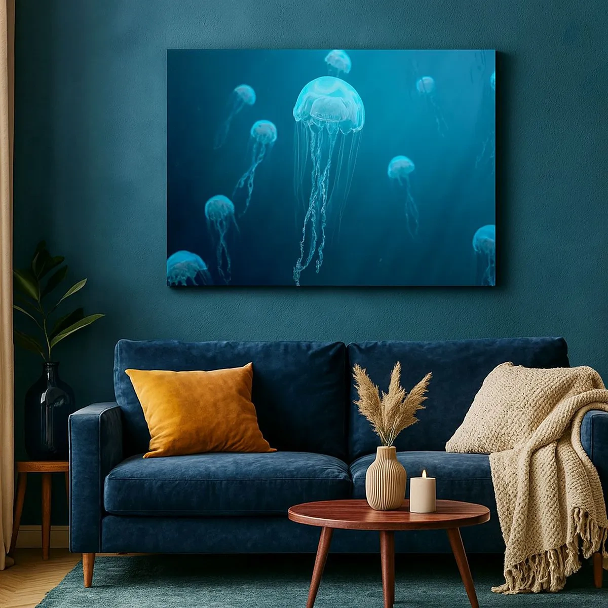 Quadro em tela - Águas-vivas flutuando nas profundezas do oceano em tons de azul - 70x50cm - Dança do oceano - Decoração de parede moderna para a sala de estar e quarto ARTTOR