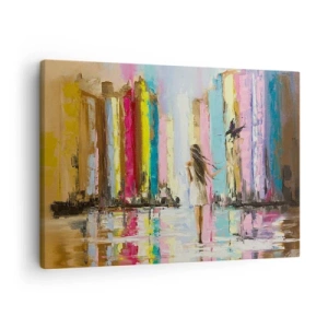 Quadro em tela - Uma cidade colorida e uma mulher de vestido branco com um pássaro - 70x50cm - Segue-me - Decoração de parede moderna para a sala de estar e quarto ARTTOR