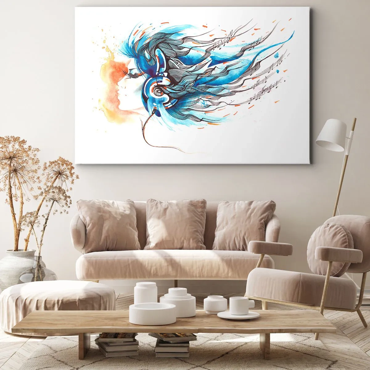 Quadro em tela - Gráfico artístico de uma mulher usando fones de ouvido com detalhes musicais - 70x50cm - Deixe a música tocar - Decoração de parede moderna para a sala de estar e quarto ARTTOR