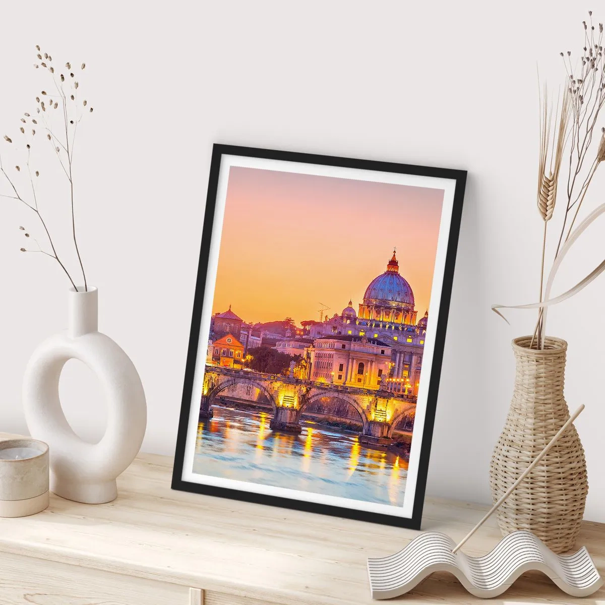 Pôster com moldura preta - Pôr do sol sobre a ponte e a basílica com luzes em Roma - 50x70cm - Crepúsculo sobre a Cidade Eterna - Decoração de parede moderna para a sala de estar e quarto ARTTOR