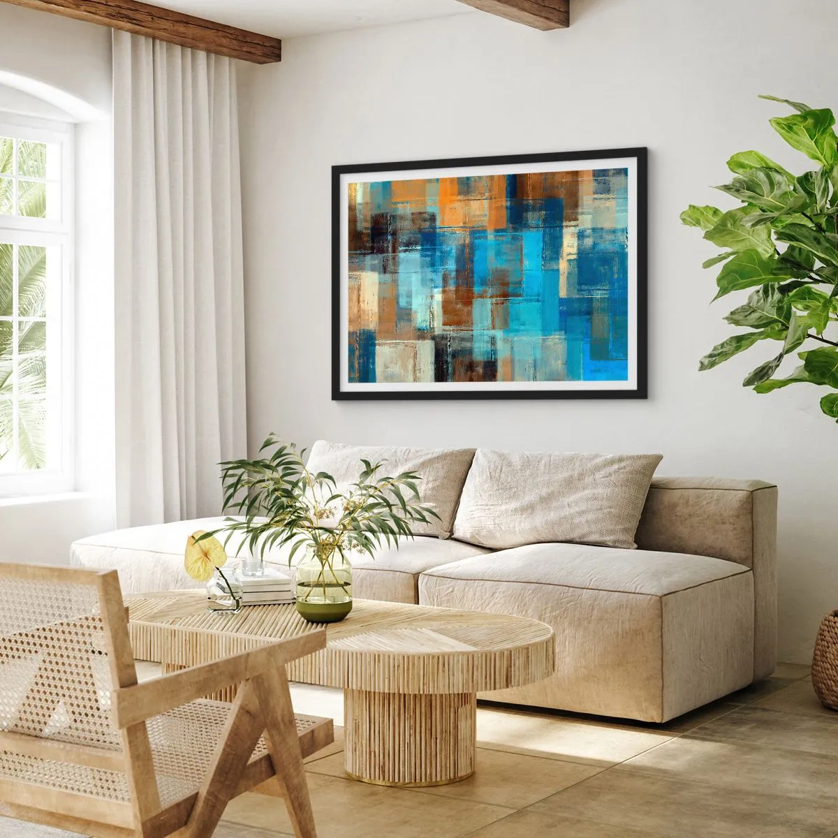 Pôster com moldura preta - Através da cortina azul - 40x30 cm