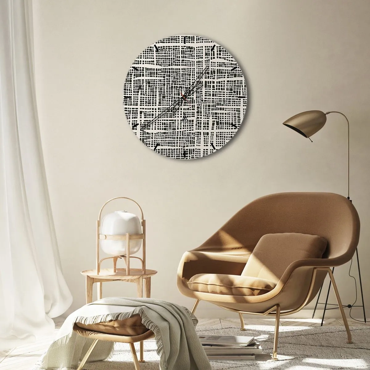Relógio de parede - Relógio em vidro - Padrão geométrico, preto e creme com pontos irregulares - 30x30cm - Uma composição tecida - Decoração de parede moderna para a sala de estar, cozinha e quarto ARTTOR