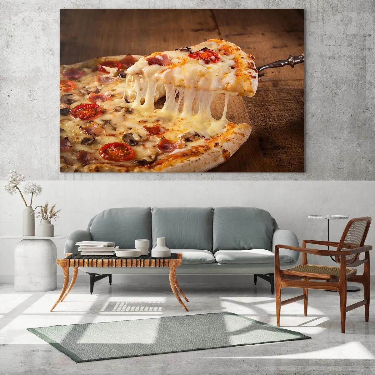 Quadro em vidro - Pizza com queijo fibroso, tomate e presunto em fundo de madeira - 70x50cm - Uma obra-prima da arte italiana - Decoração de parede moderna para a sala de estar e quarto ARTTOR