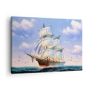 Quadro em tela - Um veleiro em mar aberto sob um céu azul - 70x50cm - Orgulhosamente com o vento - Decoração de parede moderna para a sala de estar e quarto ARTTOR