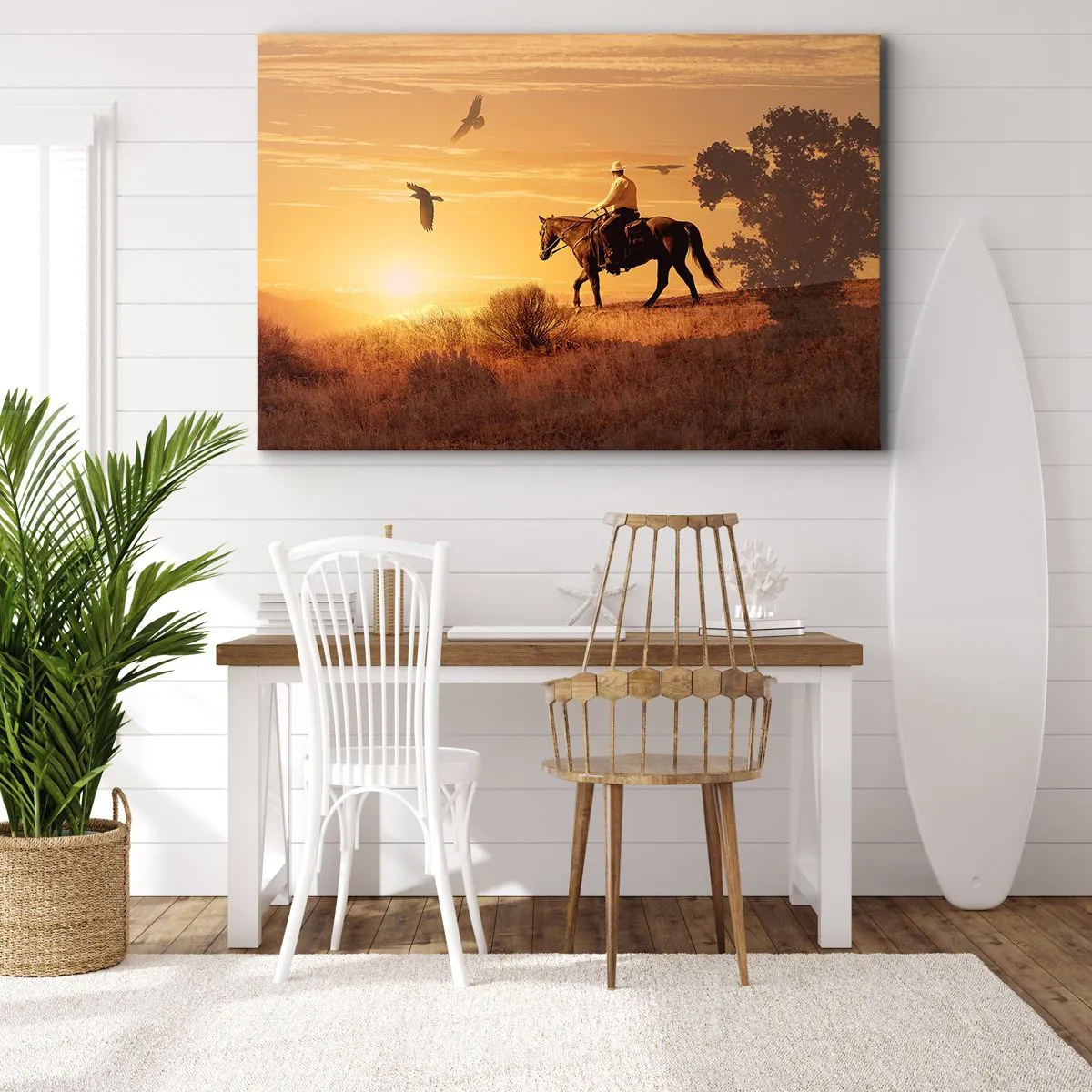 Quadro em tela - Um cavaleiro a cavalo ao pôr do sol contra a pradaria - 70x50cm - Sozinho em toda a pradaria - Decoração de parede moderna para a sala de estar e quarto ARTTOR