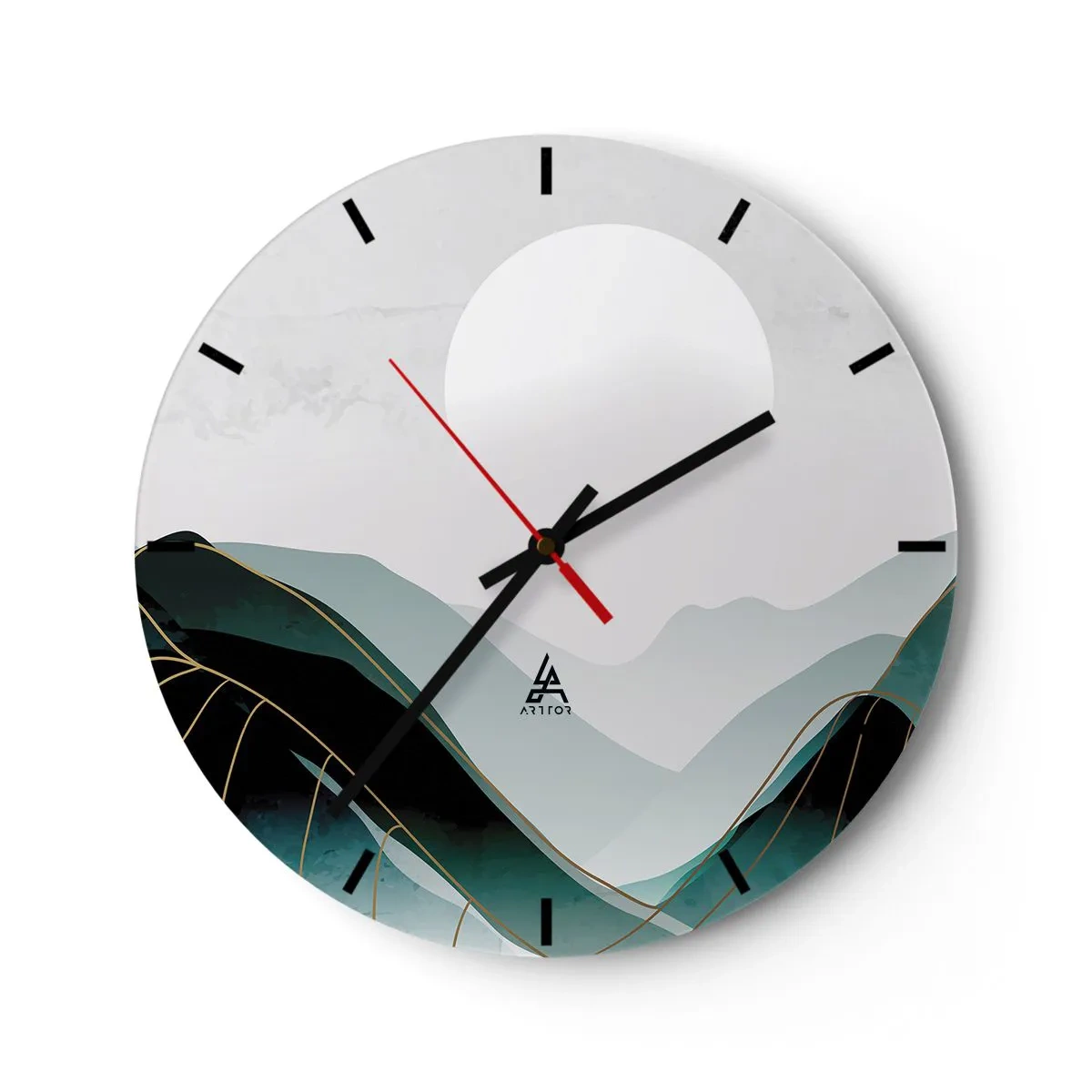 Relógio de parede - Relógio em vidro - Uma paisagem montanhosa minimalista com uma grande lua - 30x30cm - Em plena majestade - Decoração de parede moderna para a sala de estar, cozinha e quarto ARTTOR