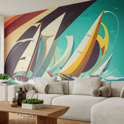 Papel de Parede Autocolante Deluxe Sticker - Boa sorte com os elementos - Veleiros, Regata, Mar - 150x105 cm