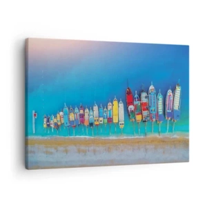 Quadro em tela - Barcos coloridos alinhados em uma fileira na costa - 70x50cm - Vista panorâmica - Decoração de parede moderna para a sala de estar e quarto ARTTOR