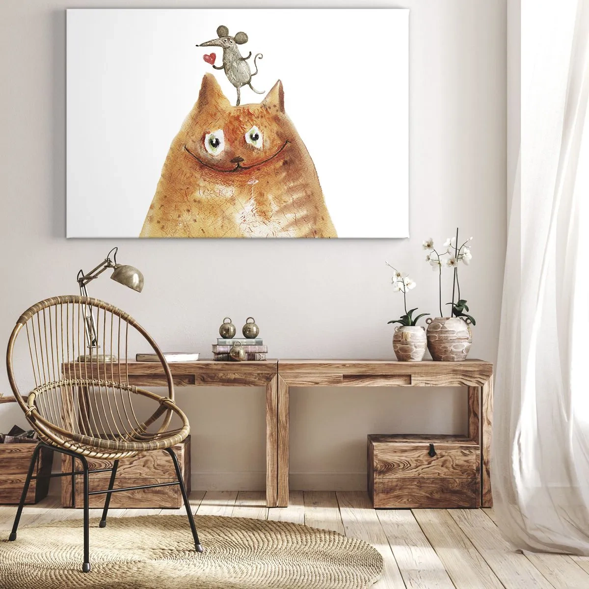 Quadro em tela - Um desenho de um gato com um rato na cabeça segurando um coração - 70x50cm - Paradoxos do amor - Decoração de parede moderna para a sala de estar e quarto ARTTOR