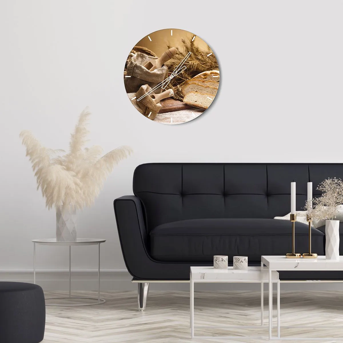 Relógio de parede - Relógio em vidro - Um saco de farinha, pão e espigas de grãos em estilo rústico - 30x30cm - Pão de cada dia - Decoração de parede moderna para a sala de estar, cozinha e quarto ARTTOR