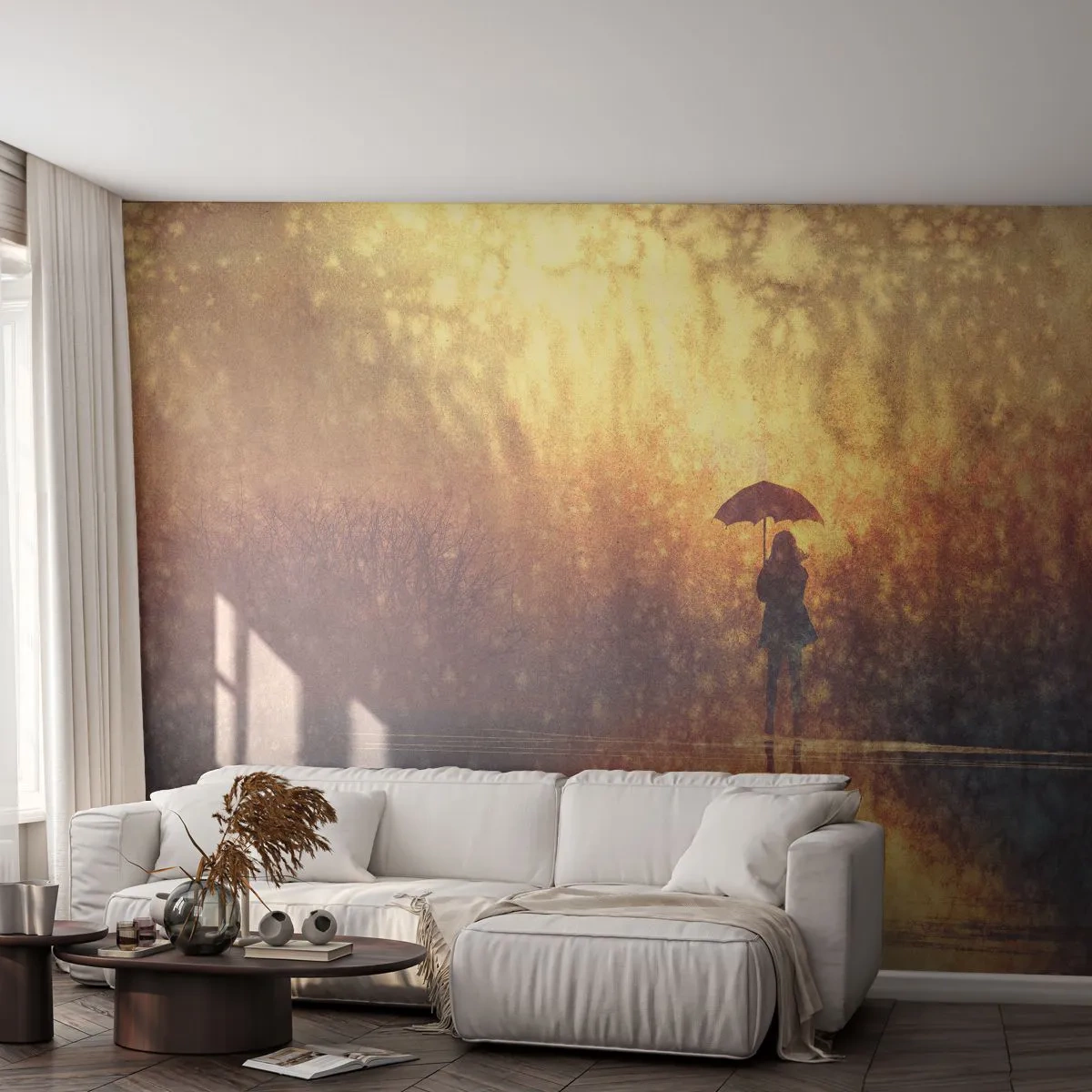 Papel de Parede Premium Sand - Sinto alguém a olhar para mim - Abstração, Mulher, Caminhada na chuva - 450x315 cm