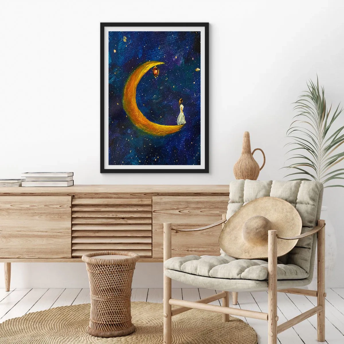 Pôster com moldura preta - Uma figura em uma lua dourada contra um céu noturno com estrelas - 50x70cm - O Chamado do Mundo - Decoração de parede moderna para a sala de estar e quarto ARTTOR