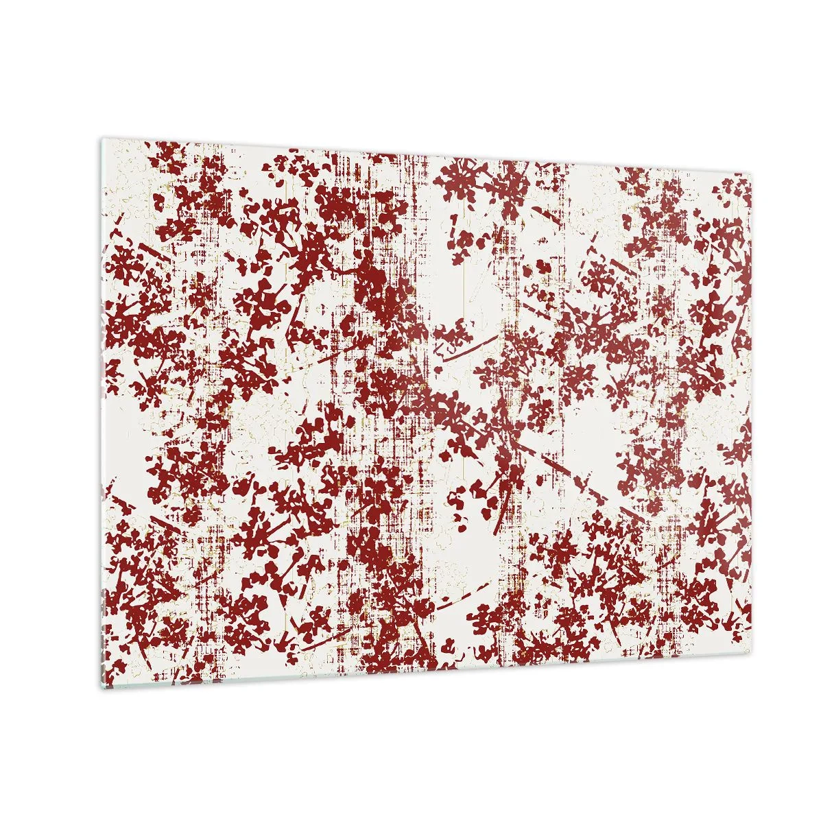 Quadro em vidro - Um padrão floral em vermelho sobre um fundo claro e desgastado - 70x50cm - Como chita antiga - Decoração de parede moderna para a sala de estar e quarto ARTTOR