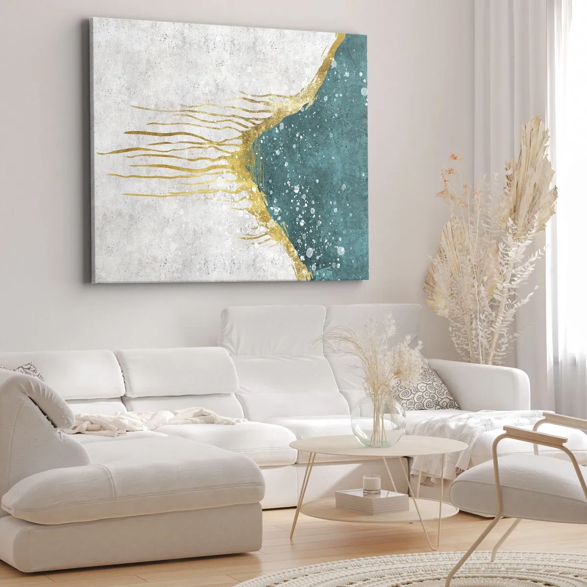 Quadro em tela - Uma composição abstrata em tons de dourado e turquesa - 70x50cm - Maré Dourada - Decoração de parede moderna para a sala de estar e quarto ARTTOR