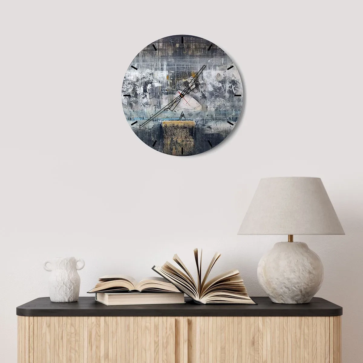 Relógio de parede - Relógio em vidro - Composição abstrata em tons frios com texturas - 30x30cm - Pelo gelo ou pelo torrão de terra - Decoração de parede moderna para a sala de estar, cozinha e quarto ARTTOR