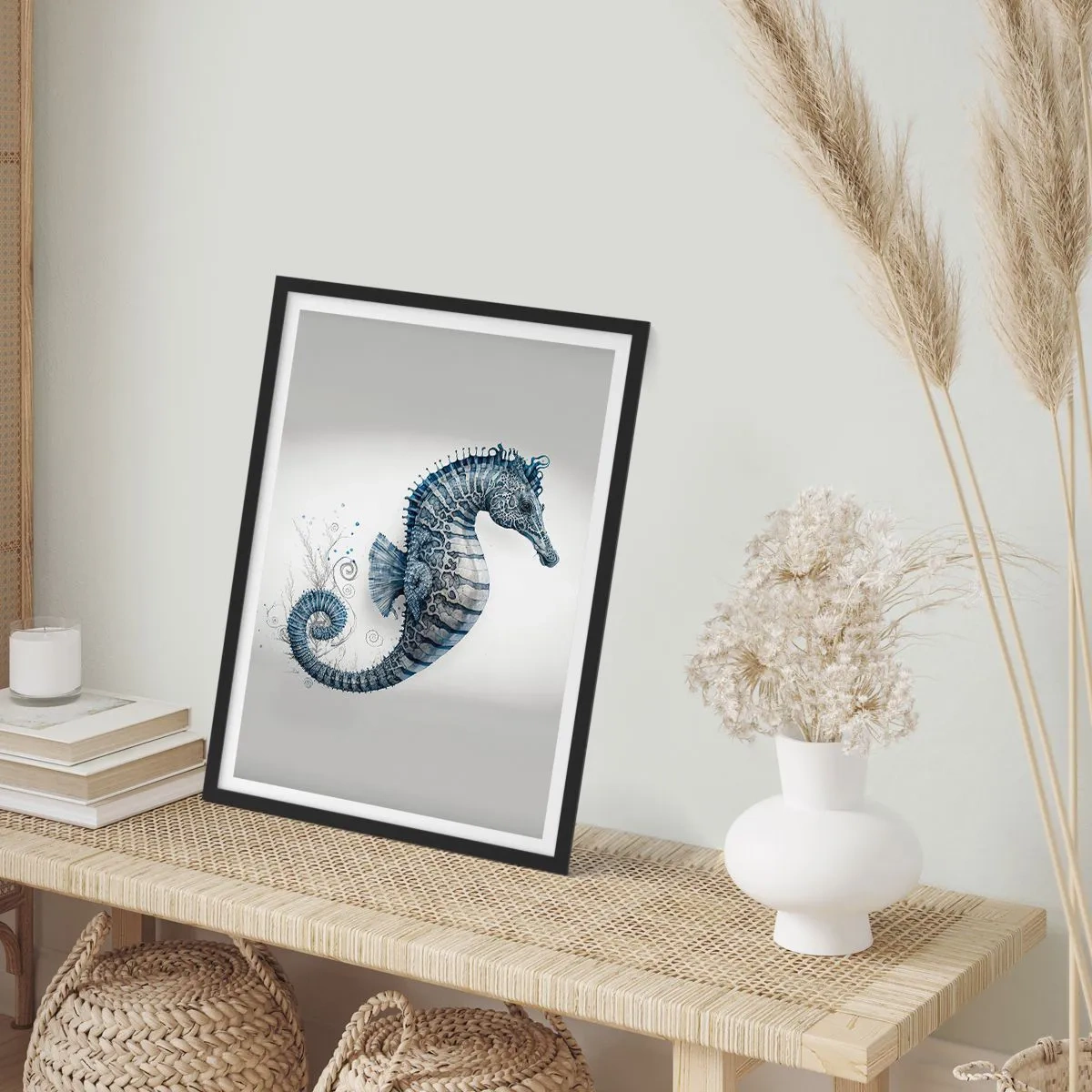 Pôster com moldura preta - Ilustração detalhada de um cavalo-marinho em um fundo claro - 50x70cm - Uma piada sutil da natureza - Decoração de parede moderna para a sala de estar e quarto ARTTOR