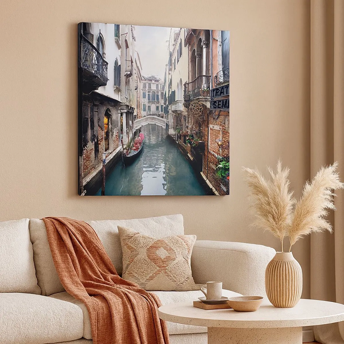 Quadro em tela - Paisagem veneziana com gôndola e ponte - 30x30 cm