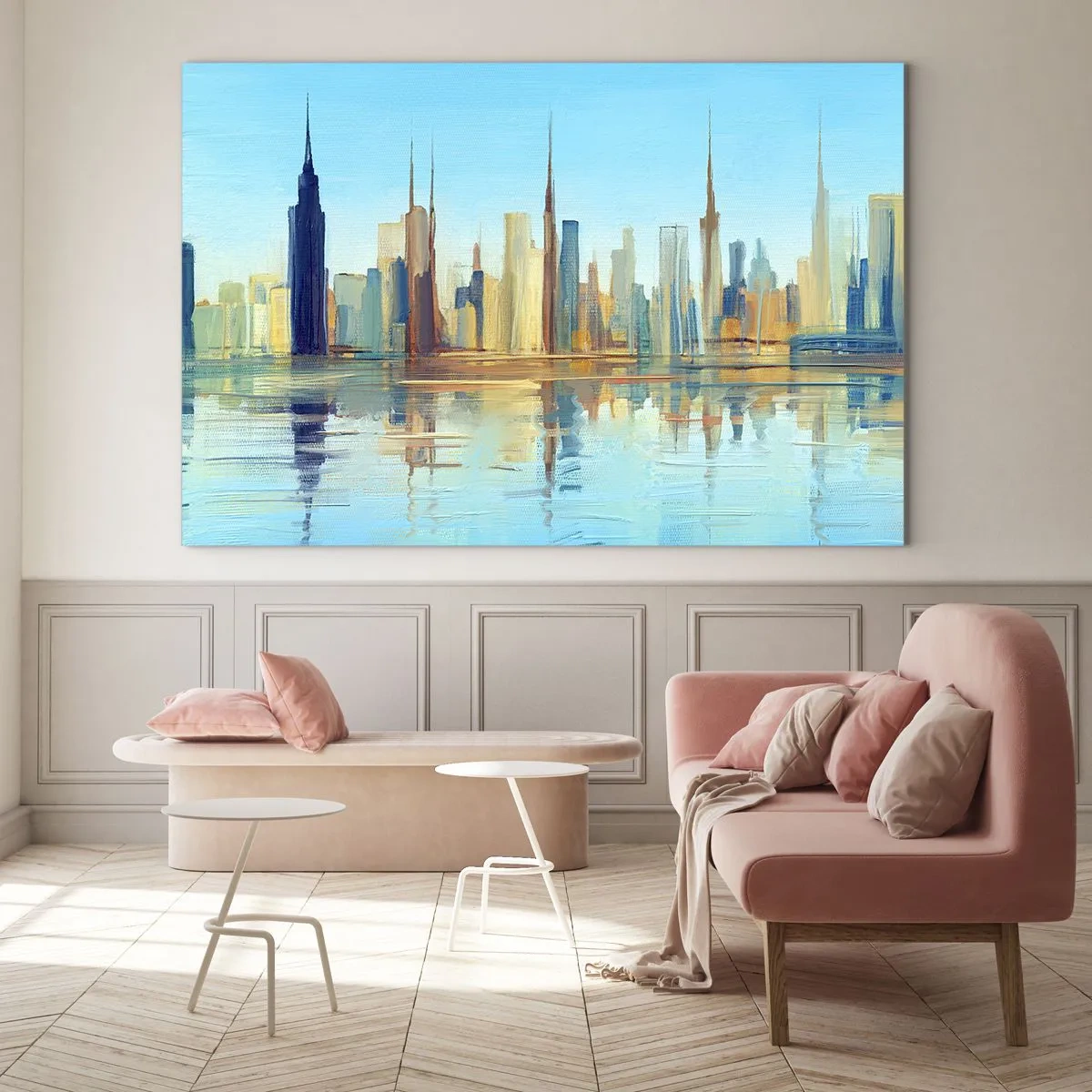 Quadro em vidro - Um panorama da metrópole refletido na água sob um céu azul - 70x50cm - Uma metrópole ensolarada - Decoração de parede moderna para a sala de estar e quarto ARTTOR