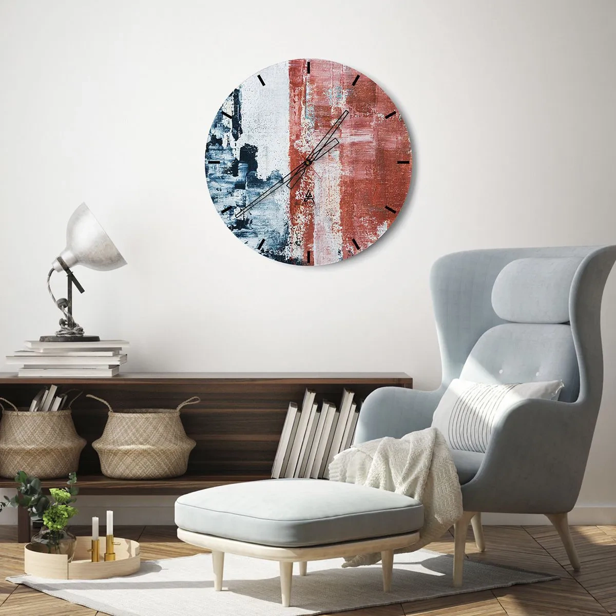 Relógio de parede - Relógio em vidro - Composição abstrata em tons de azul e vermelho - 30x30cm - Meio a meio abstrato - Decoração de parede moderna para a sala de estar, cozinha e quarto ARTTOR