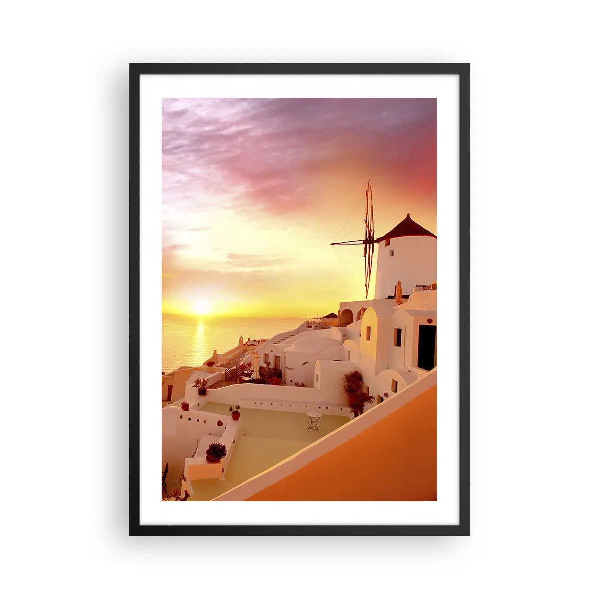 Pôster com moldura preta - Um pôr do sol pitoresco em uma cidade grega - 50x70cm - Derreter em branco e ouro - Decoração de parede moderna para a sala de estar e quarto ARTTOR