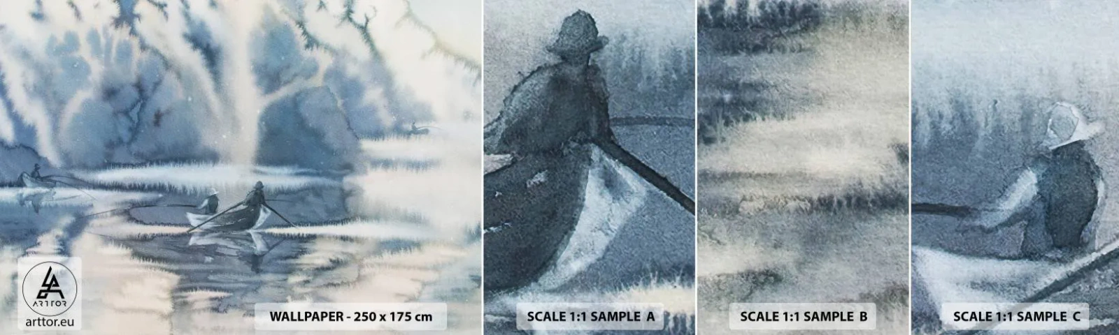 Amostra de papel de parede autocolante Deluxe Sticker - Pescadores no seu paraíso - Abstração, Lago, pescaria - 100x30 cm