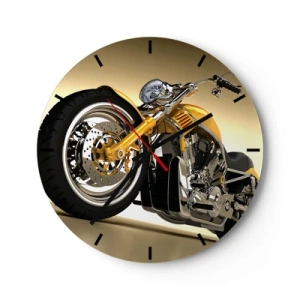 Relógio de parede - Relógio em vidro - Uma motocicleta estilosa em tons de dourado e cromado - 30x30cm - O sonho da força e da velocidade - Decoração de parede moderna para a sala de estar, cozinha e quarto ARTTOR