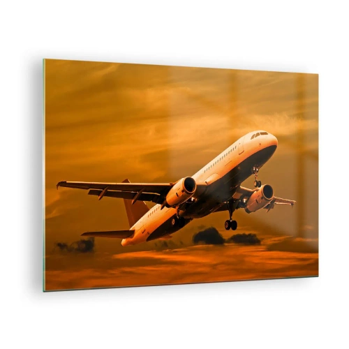 Quadro em vidro - Um avião decolando contra um céu laranja - 70x50cm - Voo em direção ao sol - Decoração de parede moderna para a sala de estar e quarto ARTTOR